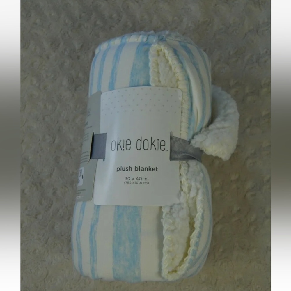 Okie Dokie Blue Stripes Plush Baby Blanket Cream Off White Sherpa NEW